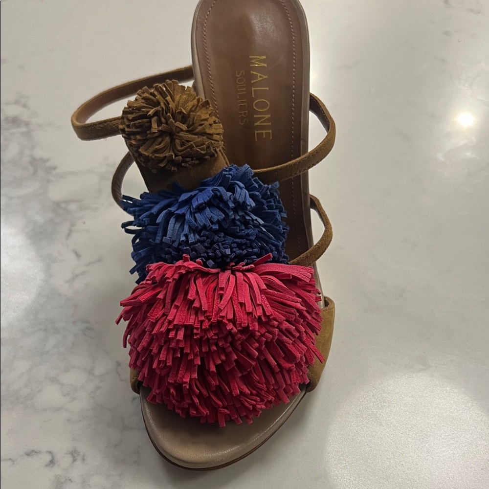 Malone Souliers Pink, Blue, and Brown Fringe Sandals